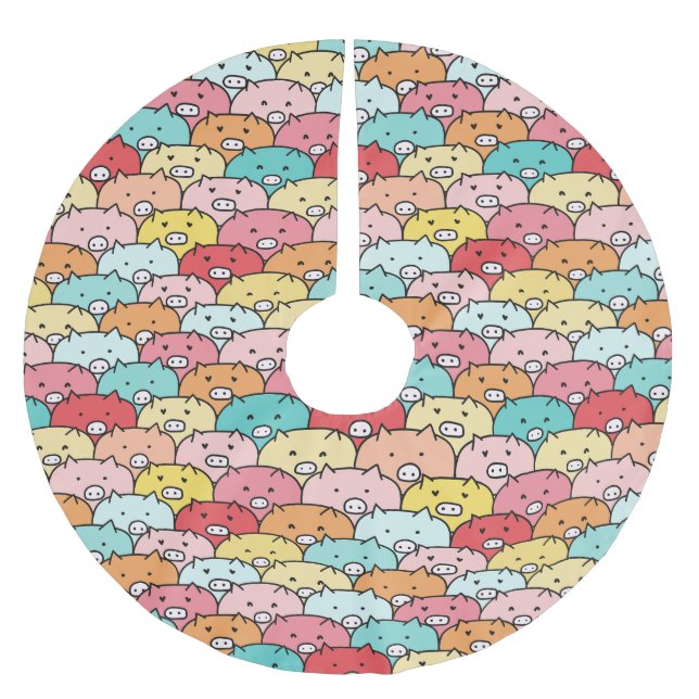 Farbenfrohe Schweine Funny und Niedliches Muster Polyester Weihnachtsbaumdecke (Vorderseite)