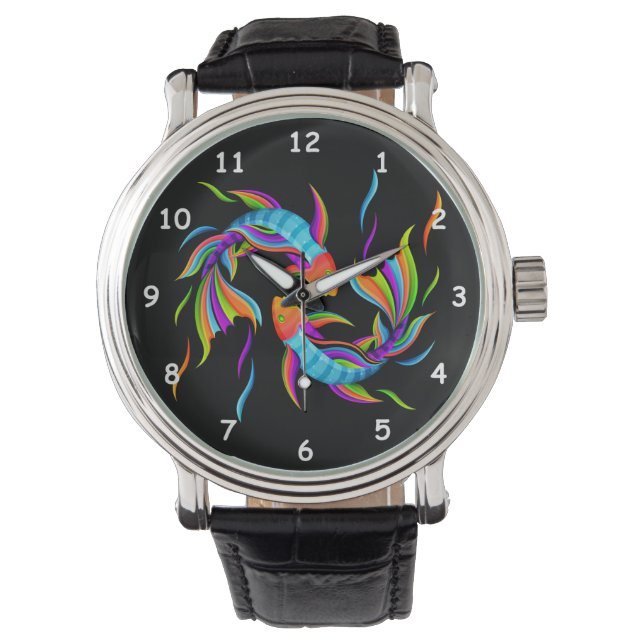 Farbenfrohe Schwimmfische oder Yin und Yang-Symbol Armbanduhr (Vorderseite)