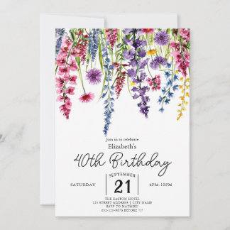 Farbenfrohe Script-Wildblumen 40. Geburtstag Einladung