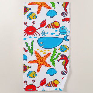 Farbenfrohe Sea-Life Illustration Strandtuch