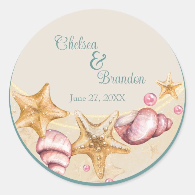 Farbenfrohe Seashell Wedding Classic Round Sticker (Vorderseite)