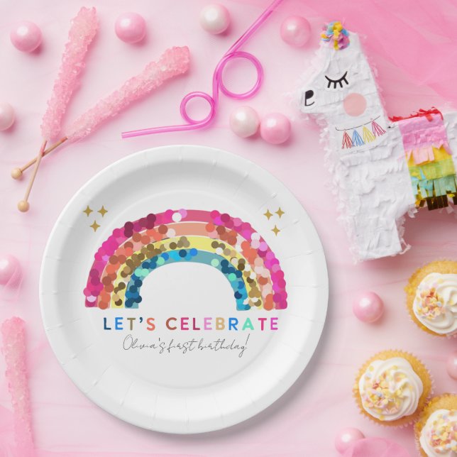 Farbenfrohe Sequin Regenbogengeburt jedes Alters Pappteller (Party)