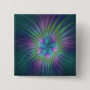 Farbenfrohe Shiny Fantasy Blume Abstraktes Fraktal Button
