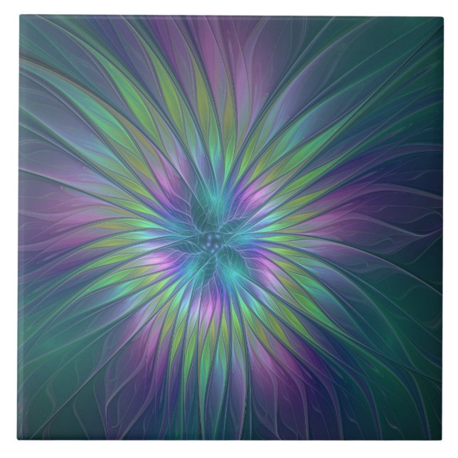 Farbenfrohe Shiny Fantasy Blume Abstraktes Fraktal Fliese (Vorderseite)