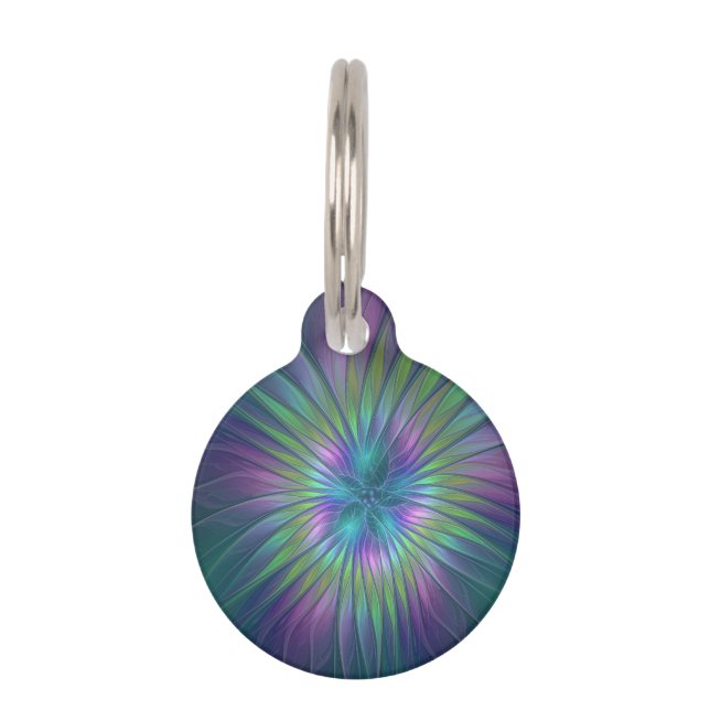 Farbenfrohe Shiny Fantasy Blume Abstraktes Fraktal Haustiermarke (Vorderseite)