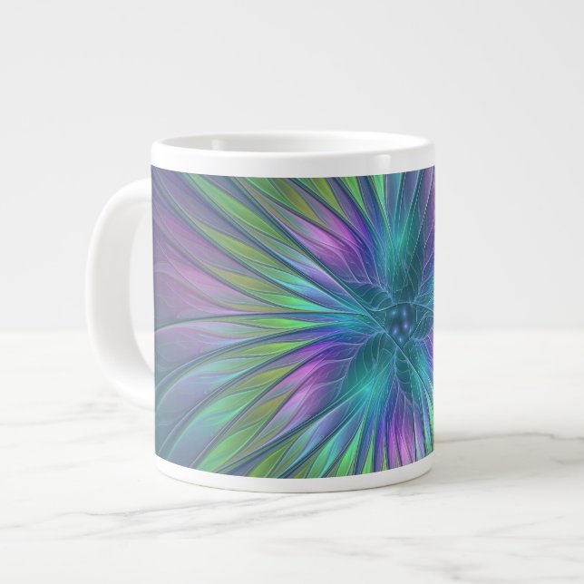 Farbenfrohe Shiny Fantasy Blume Abstraktes Fraktal Jumbo-Tasse (Vorderseite Links)