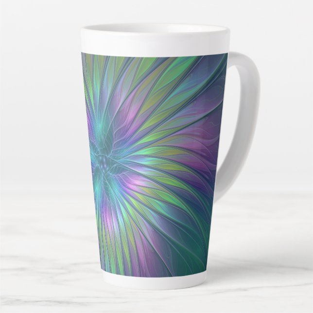Farbenfrohe Shiny Fantasy Blume Abstraktes Fraktal Milchtasse (Rechte Ecke)