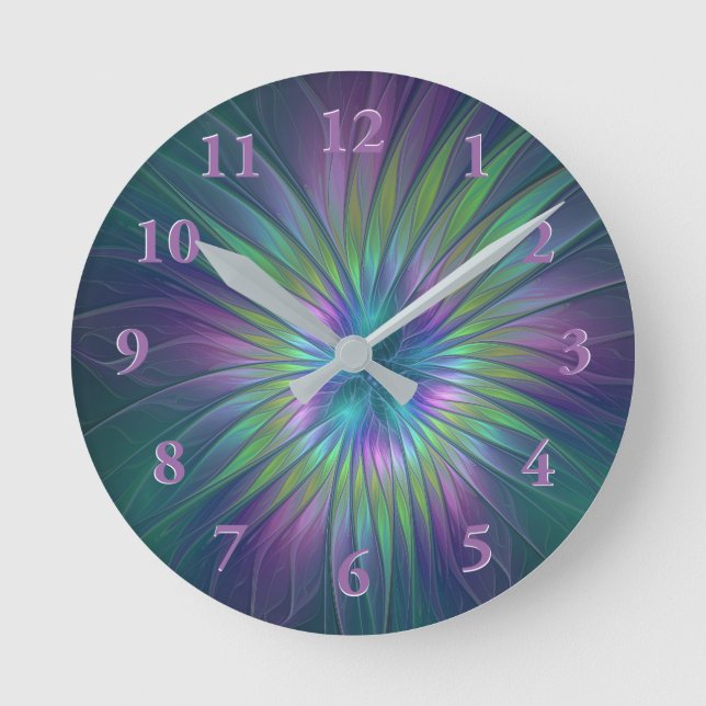 Farbenfrohe Shiny Fantasy Blume Abstraktes Fraktal Runde Wanduhr (Vorderseite)