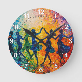 Farbenfrohe Silhouetten tanzen Runde Wanduhr