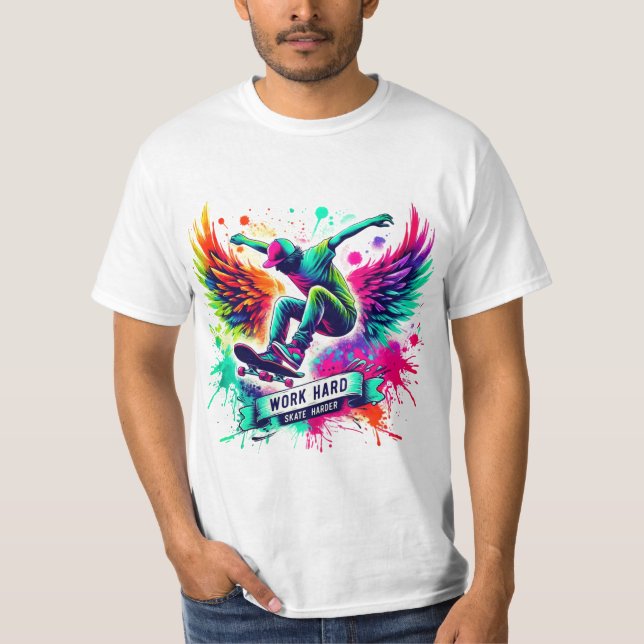 Farbenfrohe Skateboarder Grafik T-Shirt (Vorderseite)