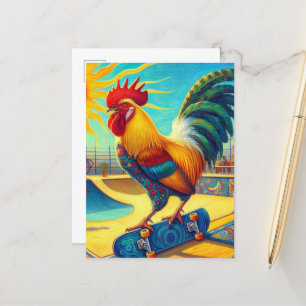 Farbenfrohe Skateboarding Rooster Postkarte