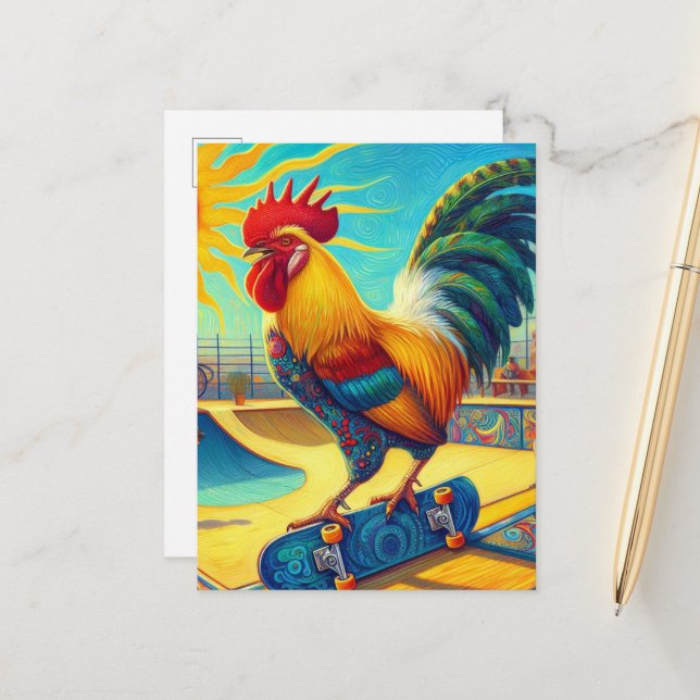 Farbenfrohe Skateboarding Rooster Postkarte (Vorderseite/Rückseite Beispiel)
