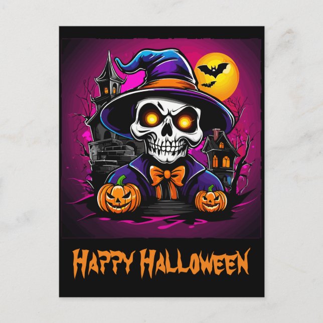 Farbenfrohe Skeletton Halloween Cartoon Pumpkin Postkarte (Vorderseite)
