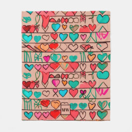 Farbenfrohe, skizzenhafte Herzen und Bänder, Monog Fleecedecke