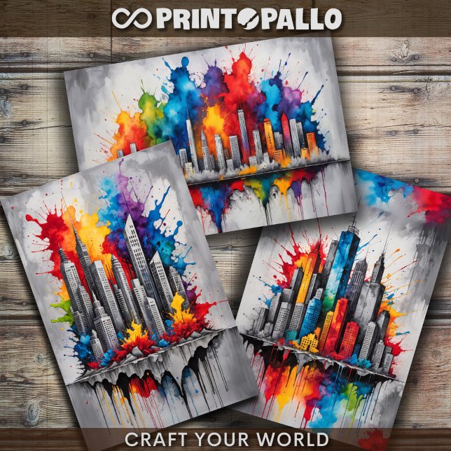 Farbenfrohe Skyline der Stadt mit Aquarellplätzen Geschenkpapier Set (Von Creator hochgeladen)