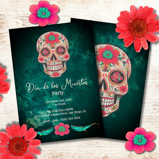 Farbenfrohe SmaragdSugar Skull Dia de los Muertos Einladung (Von Creator hochgeladen)