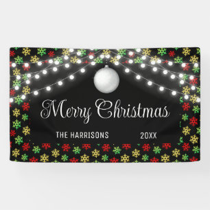 Farbenfrohe Snowflake String Lights Schwarzes Weih Banner