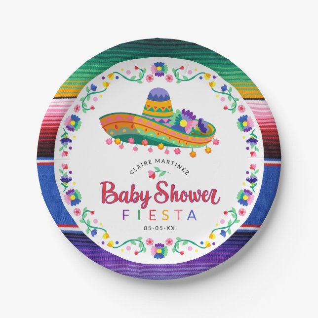 Farbenfrohe Sombrero Fiesta Babydusche Teller (Vorderseite)