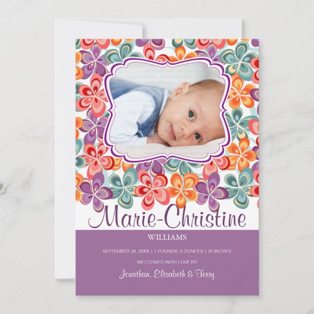 Farbenfrohe Sommer-Blume Foto Geburtsankündigung Ankündigung (Vorderseite)