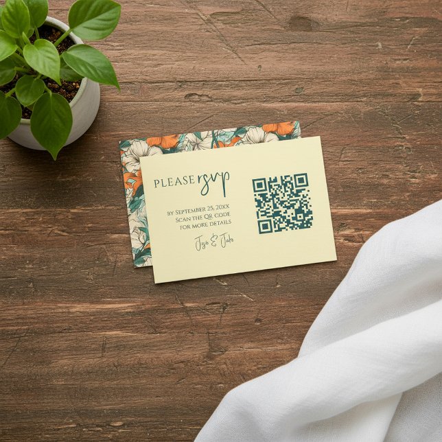 Farbenfrohe Sommer-Blume QR-Code, Hochzeitsszenari Begleitkarte (Colourful summer flowers QR code, Wedding RSVP Enclosure Card.)