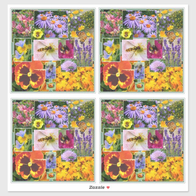 Farbenfrohe Sommer-Blume und Insekten-Collage Aufkleber (Blatt)