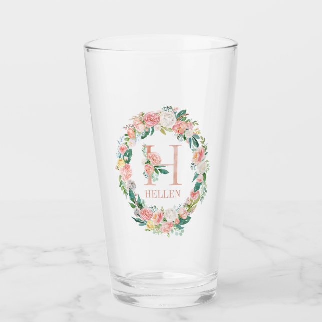 Farbenfrohe Sommer-Blume Wraath Floral Monogram Glas (Vorderseite)