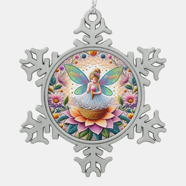 Farbenfrohe Sommer Fee Zwei Illustration Schneeflocken Zinn-Ornament (Vorderseite)