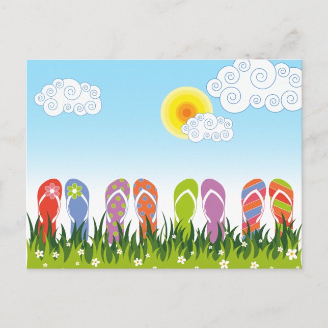 Farbenfrohe Sommerflip Flops Spaß im Sonnengarten Postkarte (Vorderseite)
