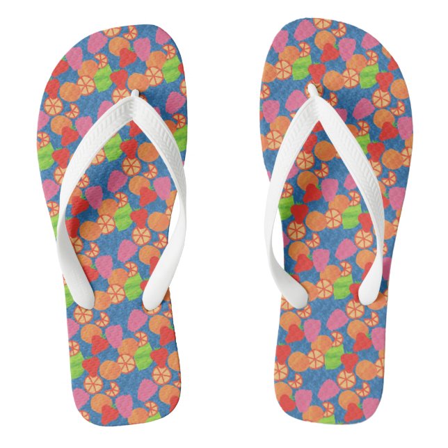 Farbenfrohe Sommerfrucht Muster auf Deep Blue Flip Flops (Fußbett)