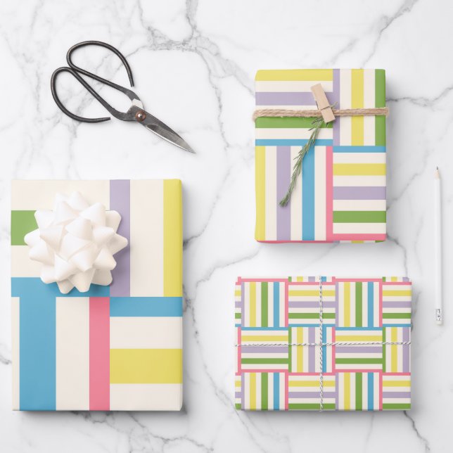 Farbenfrohe, sommergestreifte Blockmuster Geschenkpapier Set (Vorderseite)