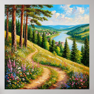 Farbenfrohe Sommerlandschaft mit Wildblumen Poster