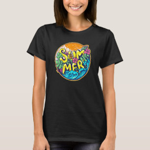Farbenfrohe Sommerwellen Hibiskus Blume und Banane T-Shirt
