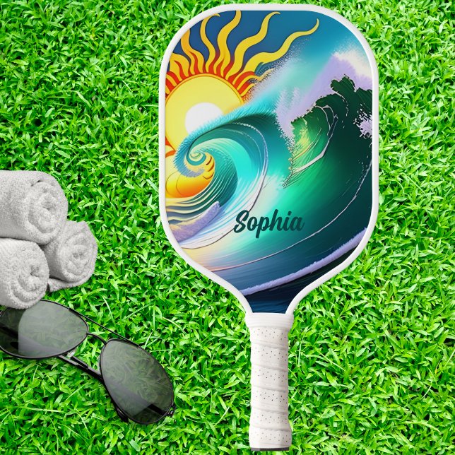 Farbenfrohe Sonne und Surfsignatur Pickleball Schläger (Von Creator hochgeladen)