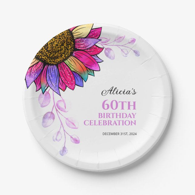 Farbenfrohe Sonnenblume Lila Leaf Geburtstag Pappteller (Vorderseite)