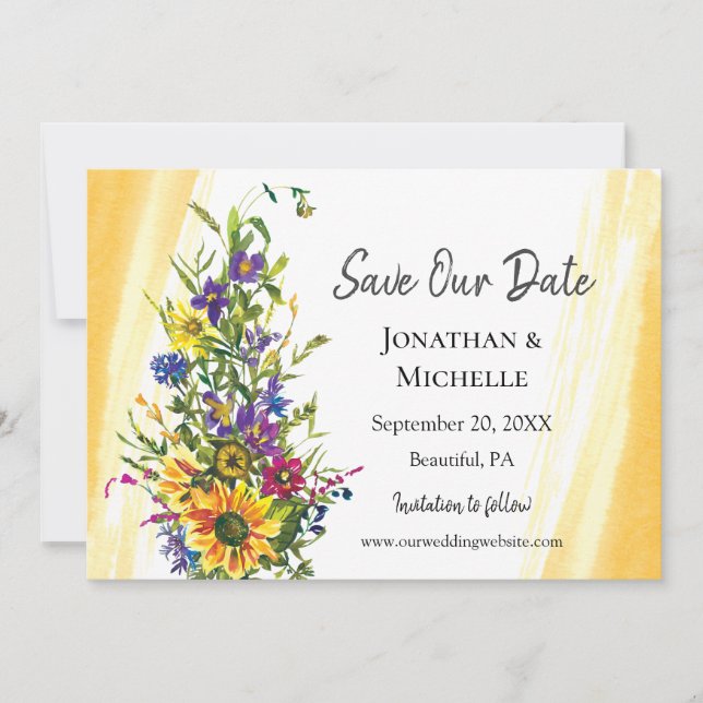 Farbenfrohe Sonnenblumen Wildblumen Grüne Hochzeit Save The Date (Vorderseite)
