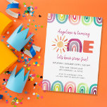Farbenfrohe Sonnenbrunnen 1. Geburtstag Wasserfarb Einladung<br><div class="desc">Yay One! Feiern Sie Ihren ersten Geburtstag mit dieser niedlichen und farbenfrohen Geburtstagsfeier mit Regenbogen-Thema - mit der Nummer 1, die mit einer Sonne und einem lila und korallenfarbenen Regenbogen ausgeschrieben wurde, sowie mit den variierenden Regenbogenfarben am Rand der Karte, perfekt für Mädchen und Jungen - geschlechtsneutral. Einfach mit Ihren...</div>