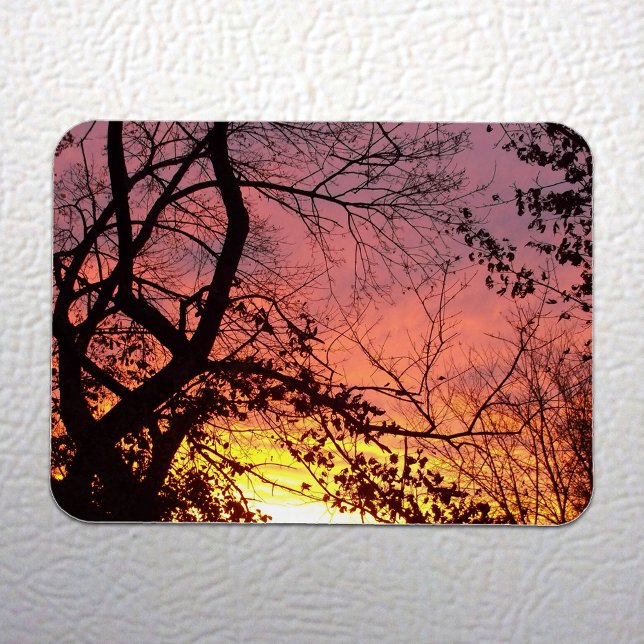 Farbenfrohe Sonnenuntergänge durch seltene Bäume Magnet (Colorful Sunset Through Bare Trees Magnet on White Fridge)