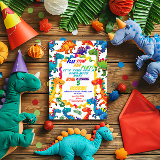 Farbenfrohe spielerische Dinosaurier Geburtstagspa Einladung