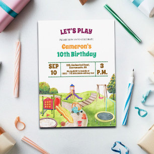 Farbenfrohe Spielplatz-Party 10. Geburtstagseinlad Einladung