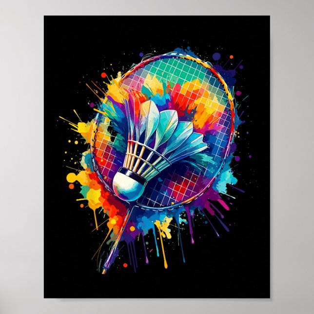Farbenfrohe Splash Art Badminton Player Shuttle Ba Poster (Vorne)