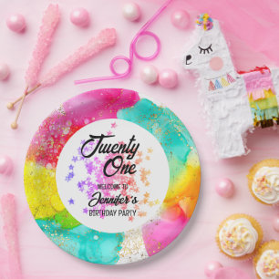 Farbenfrohe Splash Wasserfarbe Geburtstag Pappteller