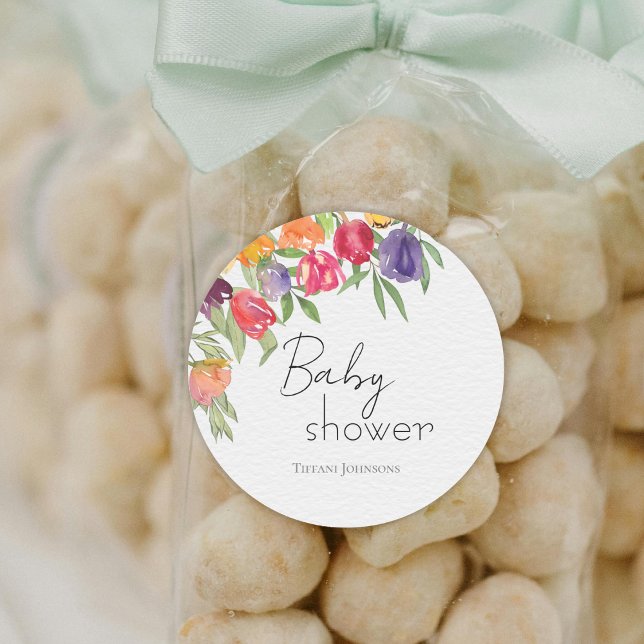 Farbenfrohe Springtime Tulips-Thema Babydusche Runder Aufkleber (Von Creator hochgeladen)
