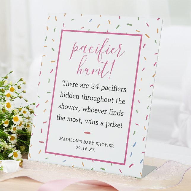 Farbenfrohe Sprinkles Kinderdusche Schnuller Jagds Sockelschild (Colorful Sprinkles Baby Shower Pacifier Hunt Game Pedestal Sign)