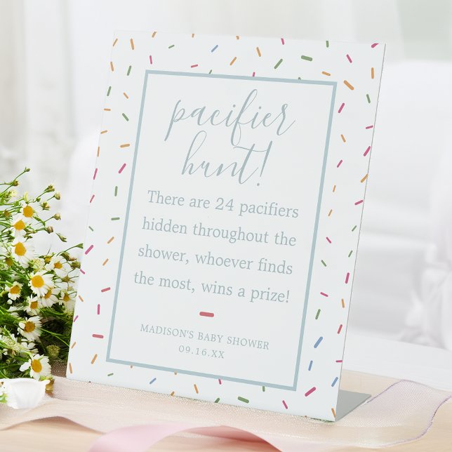 Farbenfrohe Sprinkles Kinderdusche Schnuller Jagds Sockelschild (Colorful Sprinkles Baby Shower Pacifier Hunt Game Pedestal Sign)