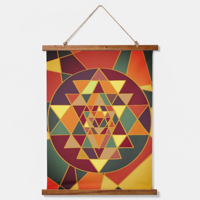 Farbenfrohe Sri Yantra Tapestry Wandteppich Mit Holzrahmen (Vorderseite)