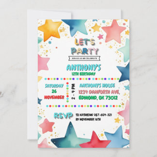 Farbenfrohe Star Theme 12. Geburtstag für Kinder Einladung