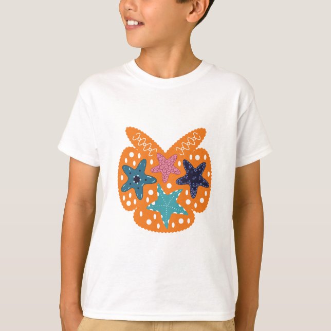Farbenfrohe Starfische mit orangefarbenem Hintergr T-Shirt (Vorderseite)