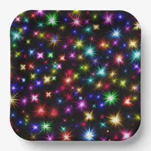 Farbenfrohe Sterne Feuerwerk Design Pappteller