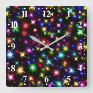 Farbenfrohe Sterne Feuerwerk Design Quadratische Wanduhr