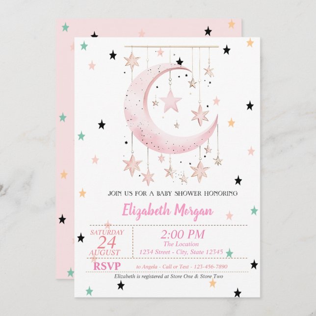 Farbenfrohe Sterne Pink Moon Babydusche Einladung (Vorne/Hinten)